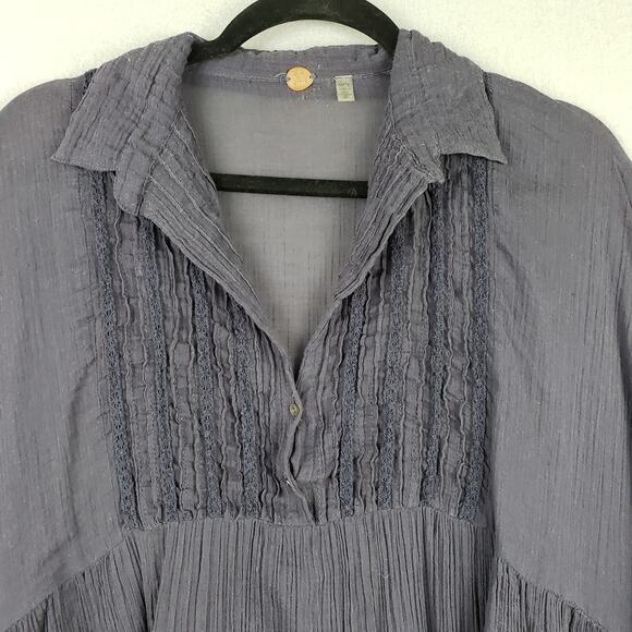 Free People XS Pleat Crepe Babydoll Blouse Black Dark Fairy Boho Renaissance - Picture 2 of 10